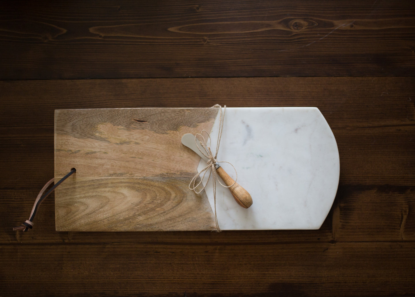 Marble & Mango Wood Cutting Board w/ Canape Knife 17-1/2"L x 7-1/2"W