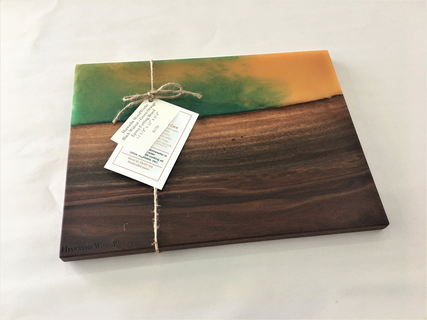 Hiawatha WoodWorks Black Walnut - Green Orange Epoxy Cutting Board 11 1/2″ x 15″ x 3/4″
