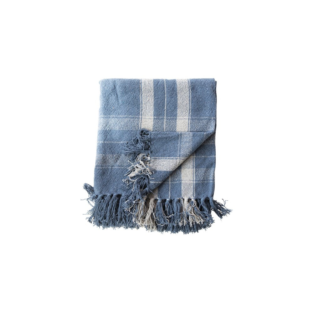Woven Recycled Cotton Blend Throw with Fringe, Blue Plaid, 60"L x 50"W
