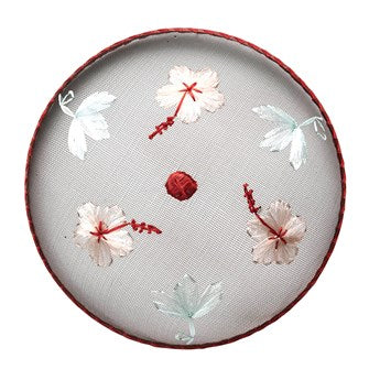 Metal Screen & Woven Straw Food Cover w/ Embroidered Flowers, 14" Round x 4-1/2"H