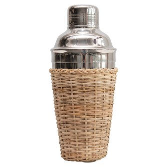 Stainless Steel Cocktail Shaker w/ Woven Rattan Sleeve 3-3/4" Round x 8"H 17 oz.