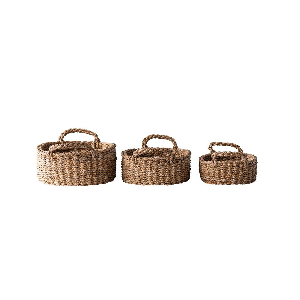 Oval Natural Woven Seagrass Basket w/ Handles - Small 6-3/4"L x 9-1/2"W x 2-3/4"H